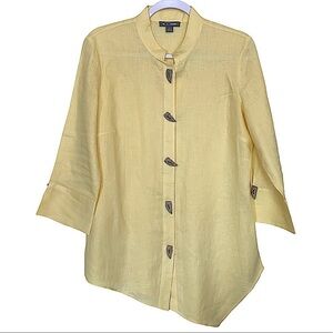 𝅺GO Silk Yellow Linen Asymmetric Hem Button Front Blouse Size Medium